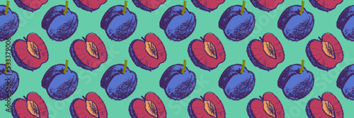 Vector Prune pattern seamless for vegan banner, diary backdrop. Hand drawn plum background. Wallpaper for baby food packaging, juice label design. Violet French plum pattern for organic jam package.