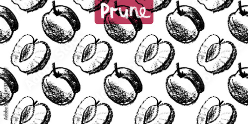 Vector Prune pattern seamless for vegan banner, diary backdrop. Hand drawn plum background. Wallpaper for baby food packaging, juice label design. Violet French plum pattern for organic jam package.