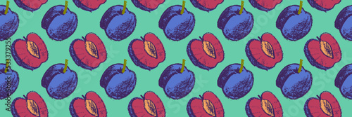 Vector Prune pattern seamless for vegan banner, diary backdrop. Hand drawn plum background. Wallpaper for baby food packaging, juice label design. Violet French plum pattern for organic jam package.