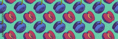Vector Prune pattern seamless for vegan banner, diary backdrop. Hand drawn plum background. Wallpaper for baby food packaging, juice label design. Violet French plum pattern for organic jam package.