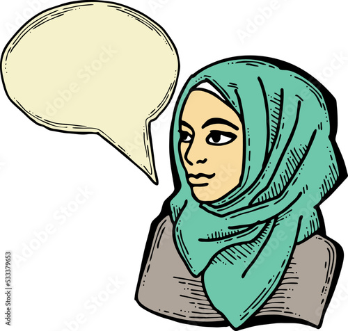 Young Arab woman with beautiful face tell message. Wear traditional fashion niqab head wear. Hand drawn comic cartoon style illustration. Line art vector drawing.