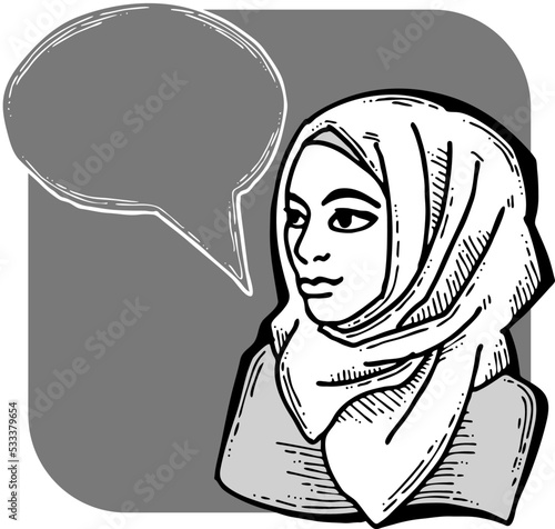 Young Arab woman with beautiful face tell message. Wear traditional fashion niqab head wear. Hand drawn comic cartoon style illustration. Line art vector drawing.