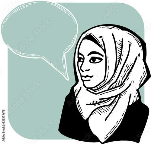 Young Arab woman with beautiful face tell message. Wear traditional fashion niqab head wear. Hand drawn comic cartoon style illustration. Line art vector drawing.
