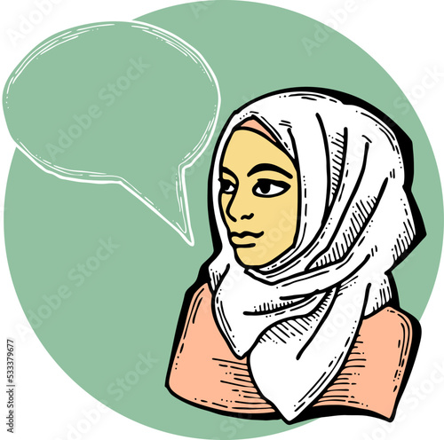Young Arab woman with beautiful face tell message. Wear traditional fashion niqab head wear. Hand drawn comic cartoon style illustration. Line art vector drawing.