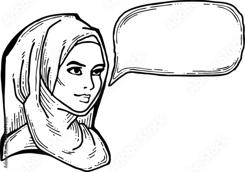 Young Arab woman with beautiful face tell message. Wear traditional fashion niqab head wear. Hand drawn comic cartoon style illustration. Line art vector drawing.