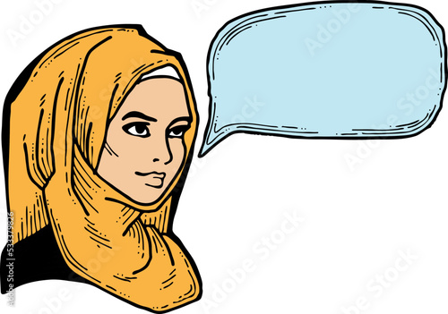 Young Arab woman with beautiful face tell message. Wear traditional fashion niqab head wear. Hand drawn comic cartoon style illustration. Line art vector drawing.