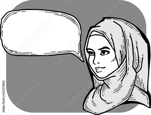 Young Arab woman with beautiful face tell message. Wear traditional fashion niqab head wear. Hand drawn comic cartoon style illustration. Line art vector drawing.