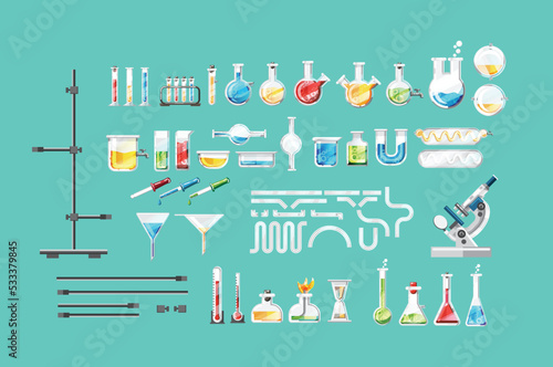 Chemical laboratory equipment isolated set. Various glass flask, beaker, test tube, spirit lamp, microscope, thermometer, pipette, dropper, burette elements. Medical lab tools vector illustration.