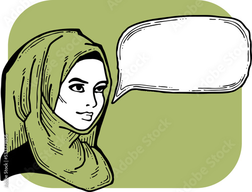 Young Arab woman with beautiful face tell message. Wear traditional fashion niqab head wear. Hand drawn comic cartoon style illustration. Line art vector drawing.