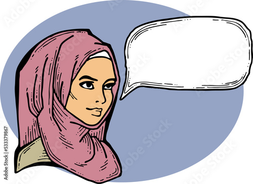 Young Arab woman with beautiful face tell message. Wear traditional fashion niqab head wear. Hand drawn comic cartoon style illustration. Line art vector drawing.