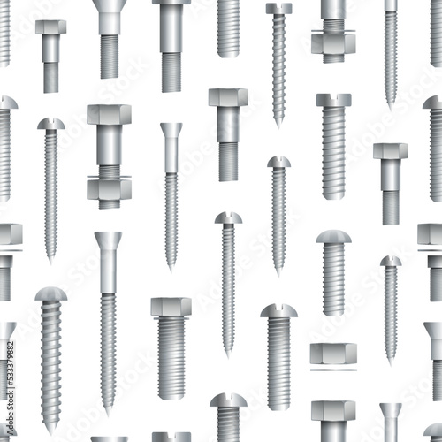 Seamless pattern with metallic bolts and screws isolated on white background. Construction hardware elements, building and repairs steel accessories, mechanic fitting work tools vector illustration.