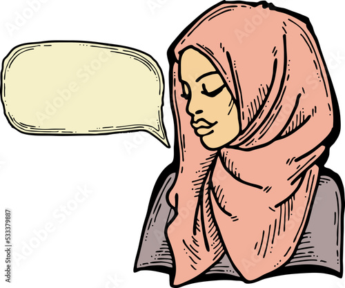 Young Arab woman with beautiful face tell message. Wear traditional fashion niqab head wear. Hand drawn comic cartoon style illustration. Line art vector drawing.