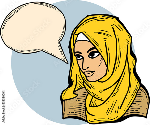 Young Arab woman with beautiful face tell message. Wear traditional fashion niqab head wear. Hand drawn comic cartoon style illustration. Line art vector drawing.