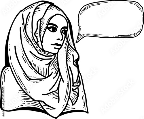 Young Arab woman with beautiful face tell message. Wear traditional fashion niqab head wear. Hand drawn comic cartoon style illustration. Line art vector drawing.