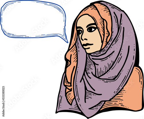 Young Arab woman with beautiful face tell message. Wear traditional fashion niqab head wear. Hand drawn comic cartoon style illustration. Line art vector drawing.