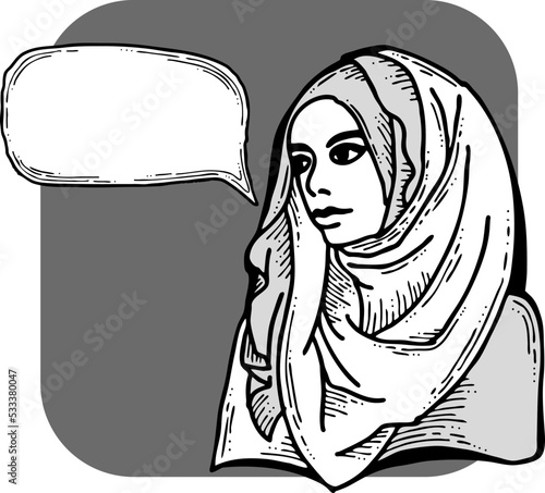 Young Arab woman with beautiful face tell message. Wear traditional fashion niqab head wear. Hand drawn comic cartoon style illustration. Line art vector drawing.
