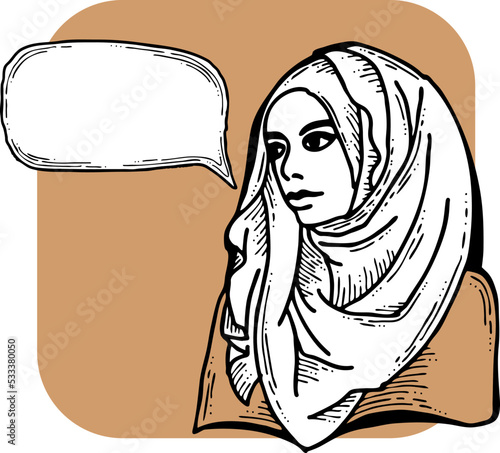 Young Arab woman with beautiful face tell message. Wear traditional fashion niqab head wear. Hand drawn comic cartoon style illustration. Line art vector drawing.