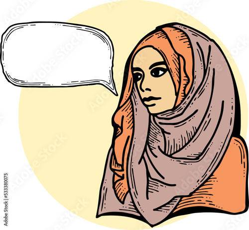 Young Arab woman with beautiful face tell message. Wear traditional fashion niqab head wear. Hand drawn comic cartoon style illustration. Line art vector drawing.