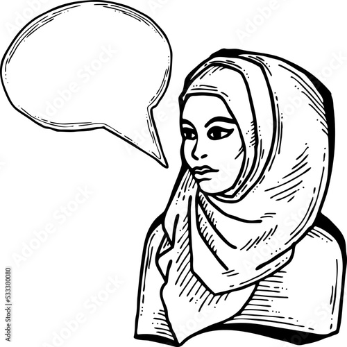 Young Arab woman with beautiful face tell message. Wear traditional fashion niqab head wear. Hand drawn comic cartoon style illustration. Line art vector drawing.