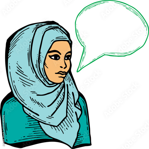 Young Arab woman with beautiful face tell message. Wear traditional fashion niqab head wear. Hand drawn comic cartoon style illustration. Line art vector drawing.