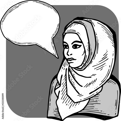 Young Arab woman with beautiful face tell message. Wear traditional fashion niqab head wear. Hand drawn comic cartoon style illustration. Line art vector drawing.