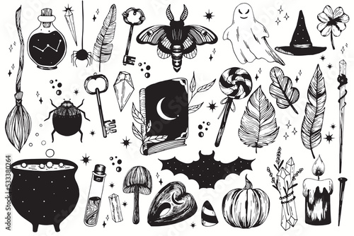 Hand drawn Halloween set with magical elements. Spell book, butterfly, witch's cauldron, ghost, witch's hat, potion, pumpkin, broom, wand, mushroom, key, spider, bat, candle, clover, feathers, crystal