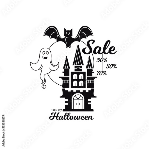 Halloween sale icons. Castle, ghost and bat. Banner. 