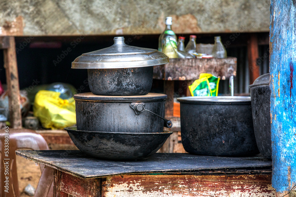 Cooking Pots in a Philippino Kitchen in El Nido, Palawan, Philippines Cooking Pots in a Philippino Kitchen in El Nido, Palawan, Philippines