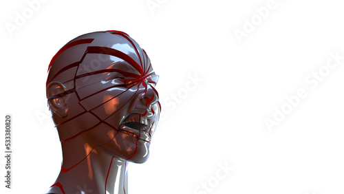 Glossy woman head exploding shuttered - Headache, psycho mental problems, split personality stress, disaster concept illustration. 3d render, isolated on transparent.