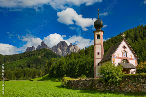 Beautiful Church of St John of Nepomuk (Chiesetta di San Giovanni) in Ranui, Val di Funes, Dolomites, Italy