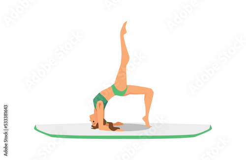 Woman practicing yoga on paddleboard flat vector illustration isolated.