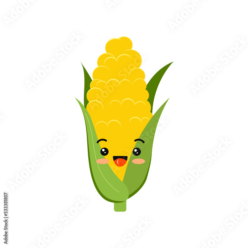 Cute corn cob happy laughing cartoon baby snack character vector icon. Flat design kawaii maize emoji with face illustration isolated on white background. Sweetcorn kids mascot.