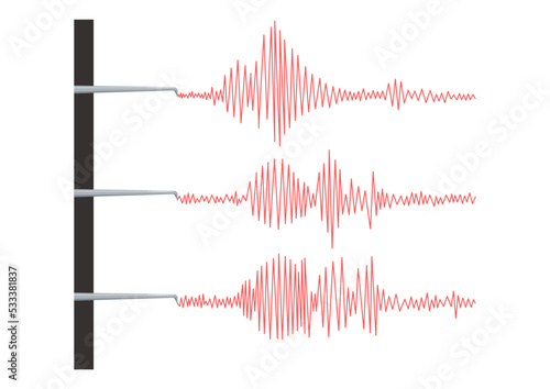 Seismograph earthquake or polygraph test red wave. Seismogram vibration or magnitude recording chart collection. Music volume wave or lie detector diagram record. Vector illustration.