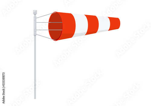 Windsock signal wind speed flag vector illustration. Weather orange and white stripe wind cone for airport ground wind force and speed indication on metal frame. Flat design cartoon illustration.