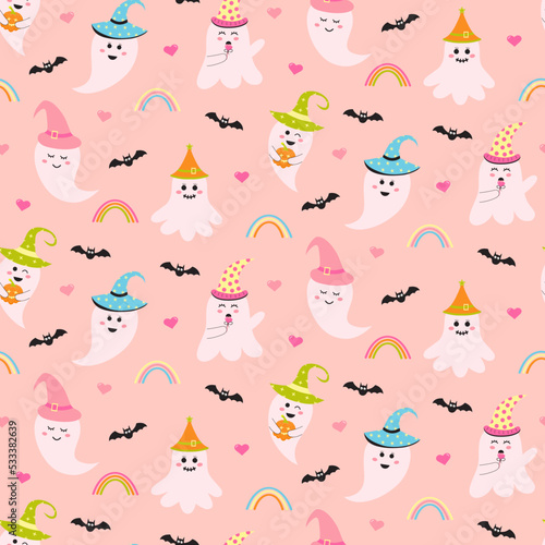 Seamless pattern with cute pink halloween ghost, bats, rainbows and hearts. Creepy baby boo characters print for textile and wrapping.