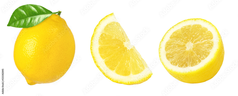 Ripe lemon fruit with leaves, slice and half isolated on white background, Fresh and Juicy Lemon, set