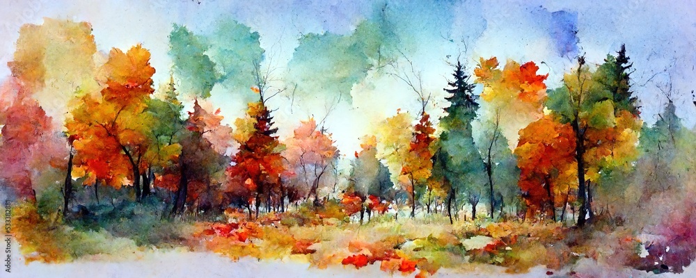 Background autumn forest landscape. Colourful watercolour painting of the fall season, Generative AI 