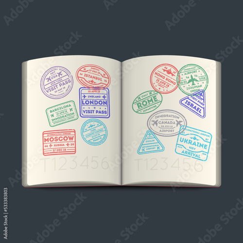 Photography Visa rubber stamps in open passport