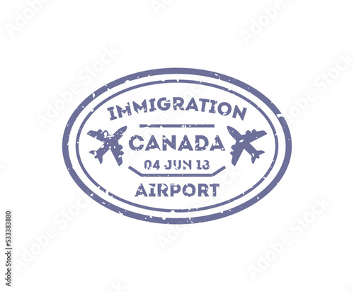 Canada country visa stamp on passport. International immigration sign, airport travel symbol vector illustration.