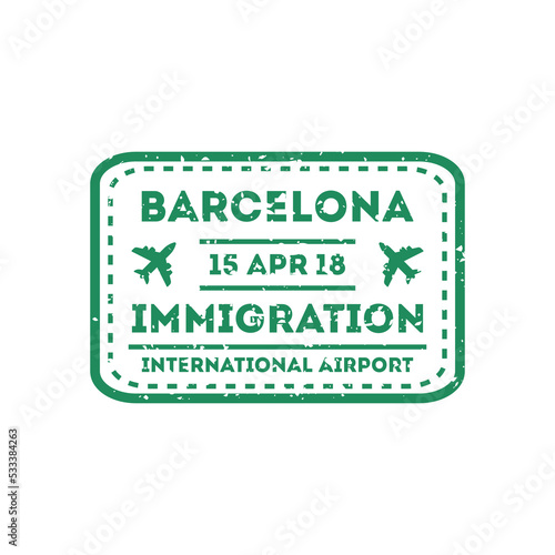 Barcelona city visa stamp on passport. International immigration sign, airport travel symbol vector illustration.
