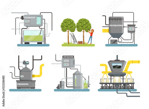 Olive oil factory production line. Stainless production industrial equipment set cartoon vector illustration