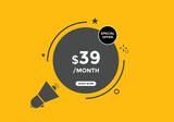 $39 USD Dollar Month sale promotion Banner. Special offer, 39 dollar month price tag, shop now button. Business or shopping promotion marketing concept
