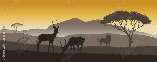 African landscape. Panorama of savannah wilderness. Nature of Africa. Travel poster with safari scene. Lion and antelopes in wildlife