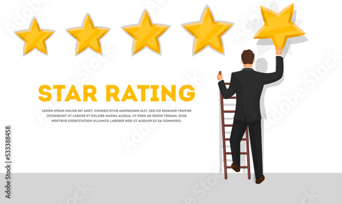 Businessman giving five star rating poster. Man in business suit on the stairs hang gold stars. Positive user feedback, customer review for product or service, people recommend vector illustration.