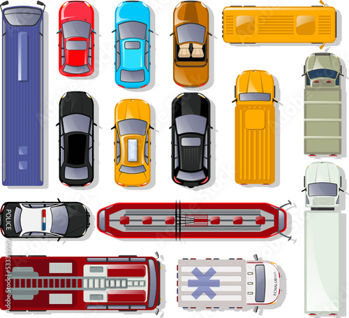 Cars and trucks top view isolated set. Commercial container truck, taxi cab, ambulance car, bus, freight lorry, tram, police car, fire engine, minibus, cabriolet, family hatchback vector illustration.