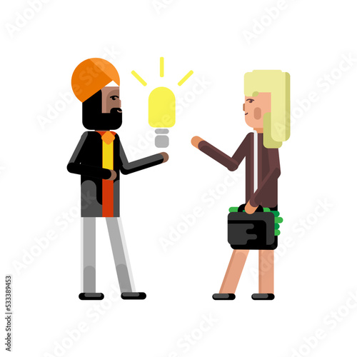 Indian businessman holding idea light bulb and blonde businesswoman with money suitcase. Corporate multicultural business people vector illustration.
