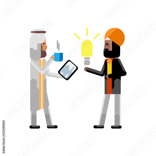 Indian man holding idea light bulb and arabic businessman with coffee cup and tablet pc. Corporate multicultural business people vector illustration.