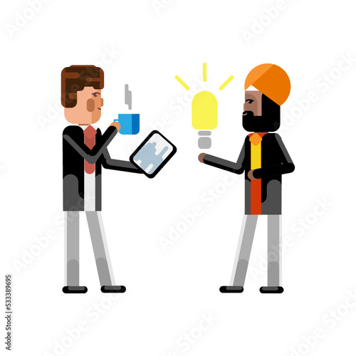 Indian man holding idea light bulb and european businessman with coffee cup and tablet pc. Corporate multicultural business people vector illustration.