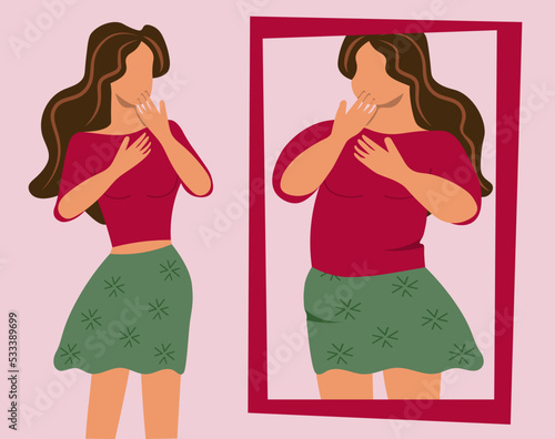 Slim woman looking at mirror and seeing fat woman body positive