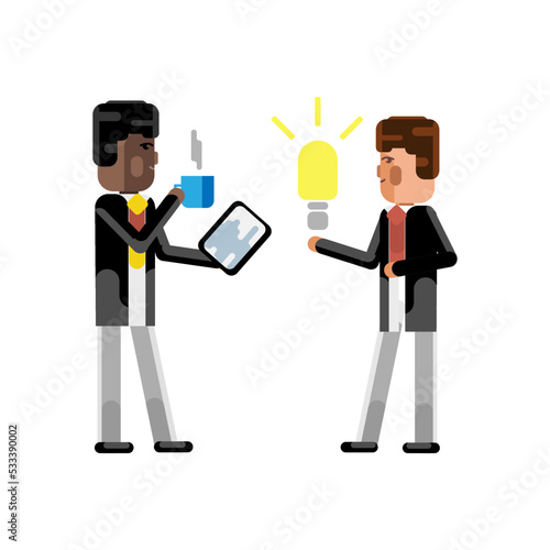 European man holding idea light bulb and african businessman with coffee cup and tablet pc. Corporate multicultural business people vector illustration.